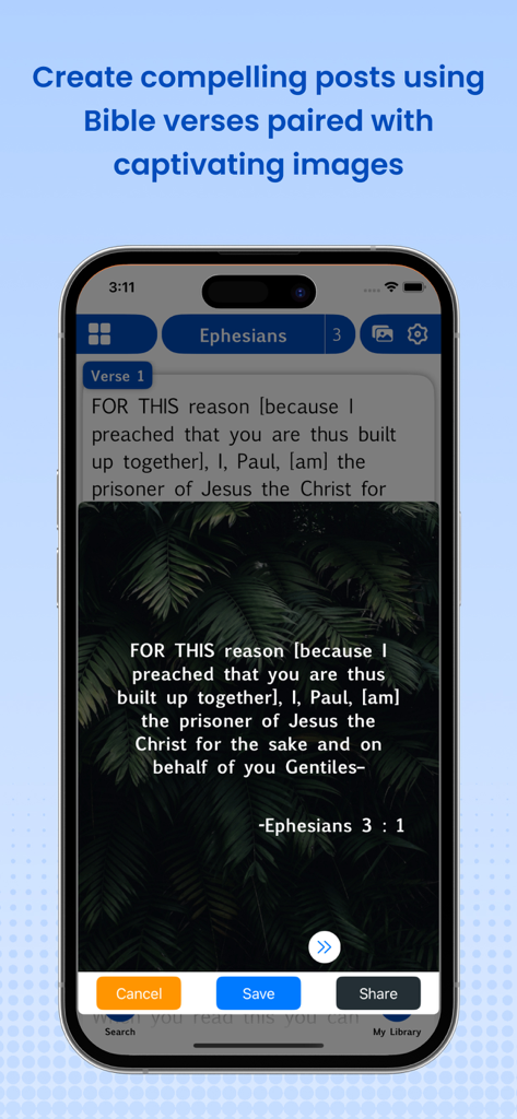 Amplified Bible Pro (AMP) - A smartphone showing a feature to create shareable Bible verse images with background pictures in the Amplified Bible Pro app.