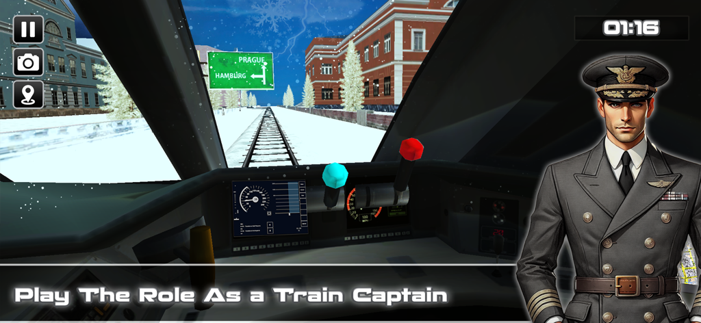 Epic Train Driving Simulator - First person cockpit view of a train driving through a snowy landscape with a train captain character.