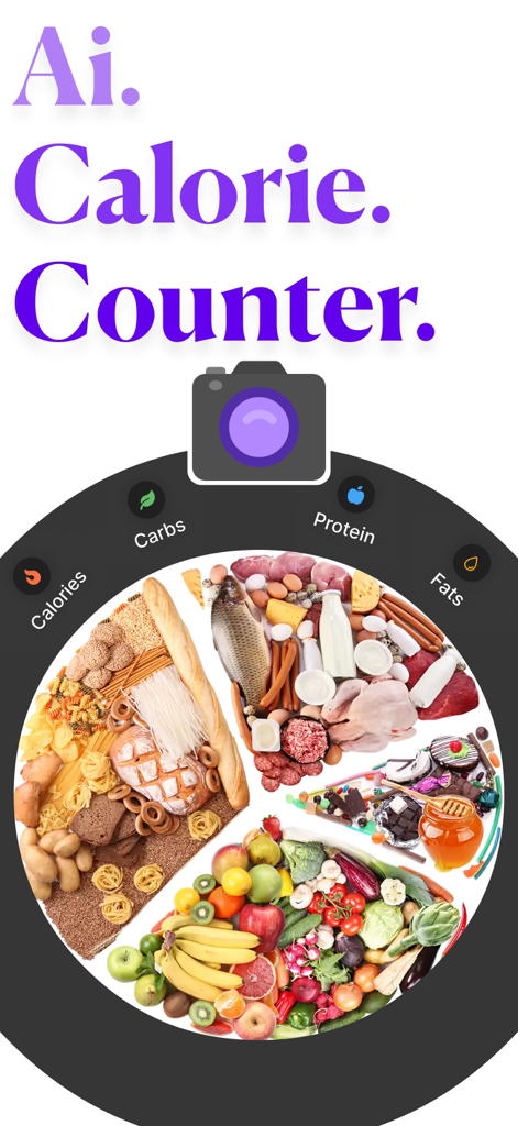 Ai Food Scanner - Snap Calorie - An AI calorie counter interface featuring a visual food plate scanner to track calories and macros like protein and carbs