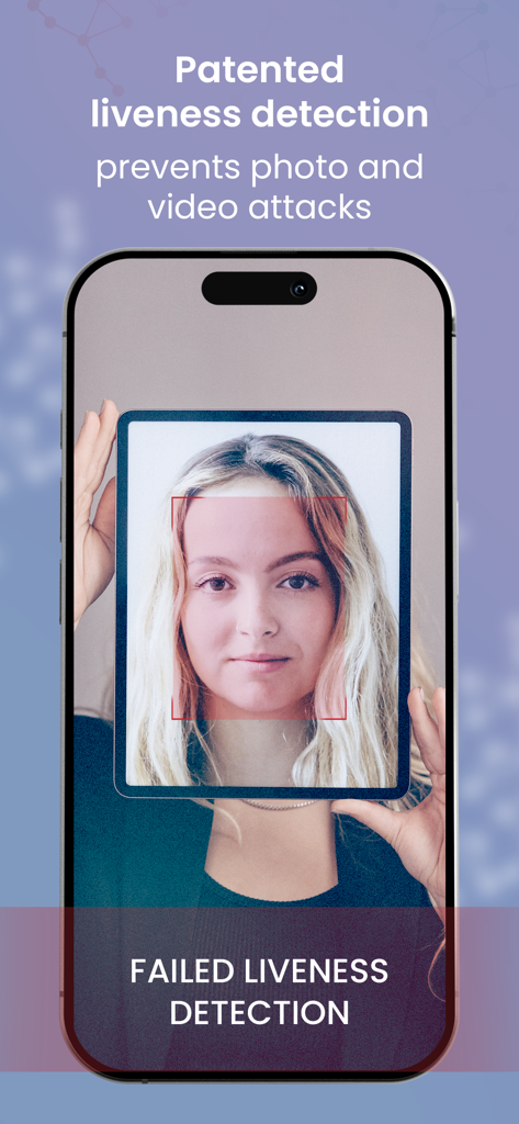 BioID Facial Recognition - Ein Smartphone-Bildschirm, der während eines Foto-Spoofing-Versuchs eine fehlgeschlagene Liveness-Erkennungsnachricht anzeigt.