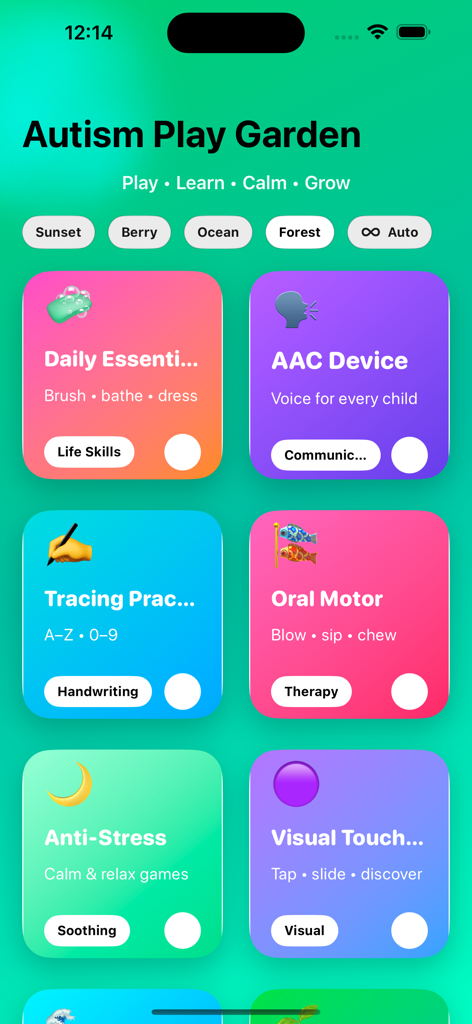 Autism Play Garden - Main menu of the Autism Play Garden app showing activity tiles for life skills communication tracing and sensory play.