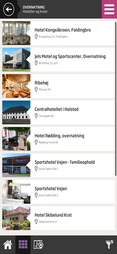 VisitVejen - A list of hotels and inns in the VisitVejen mobile app including Hotel Kongeabroen and Jels Motel