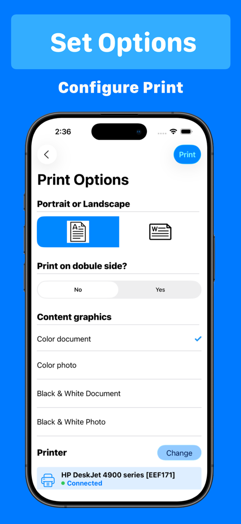 Benutzeroberfläche der Smart Printer App zur Konfiguration von Druckoptionen wie Ausrichtung und Farbe