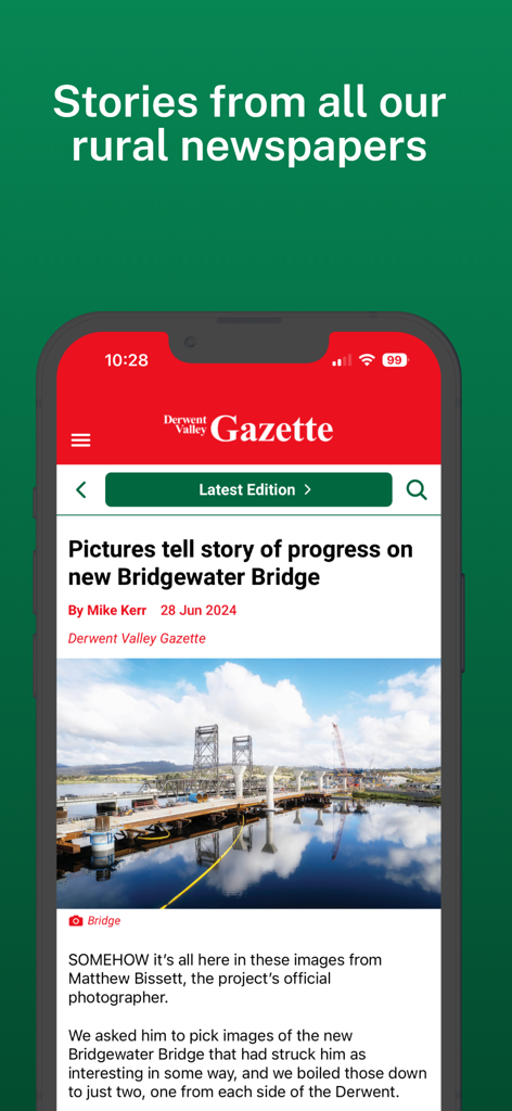 Tas Country - A smartphone displaying a local news article from the Derwent Valley Gazette within the Tas Country app