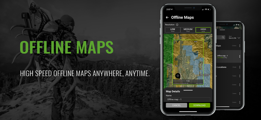 Smartphone displaying BaseMap offline hunting maps feature with a hunter in the background.