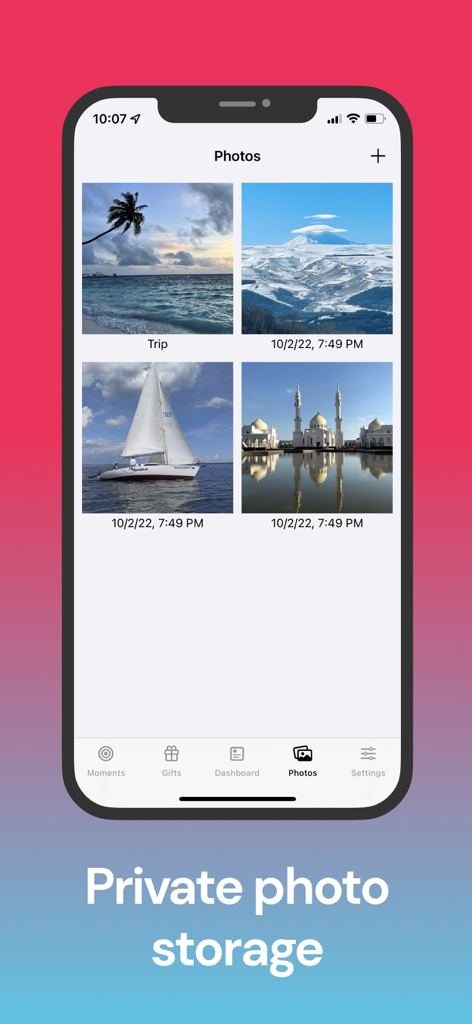 Private photo storage screen in the We together relationship app showing a gallery of memories.