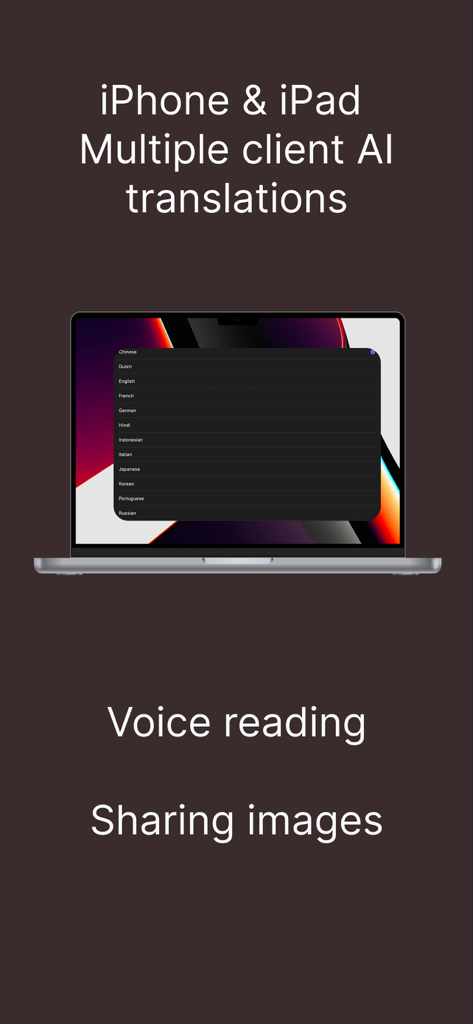 FlashTranslate · Own API - FlashTranslate app interface showing multi-device AI translation capabilities including voice reading and image sharing