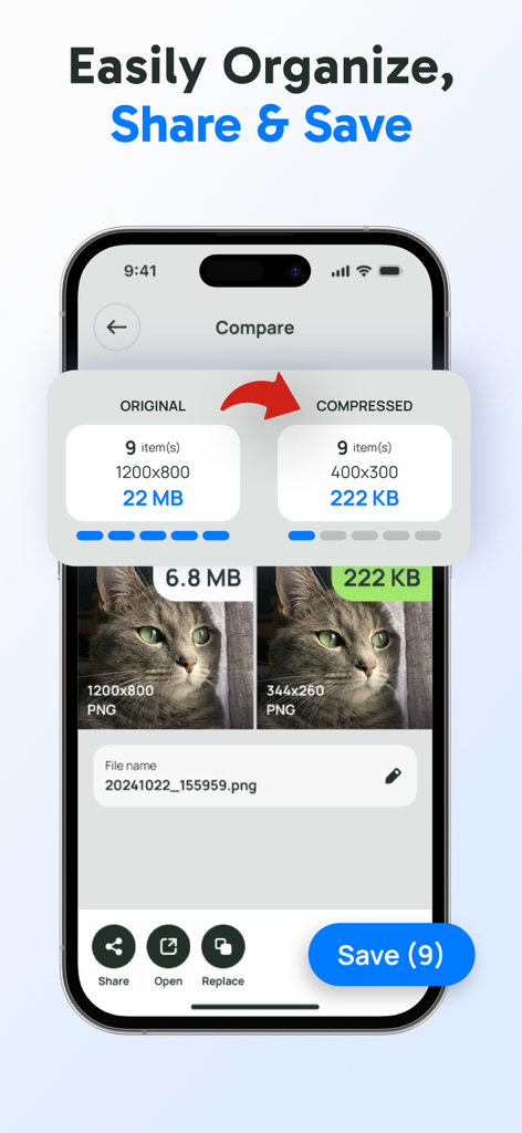 元の画像と圧縮された画像の品質とファイルサイズのサイドバイサイド比較を示す画像変換アプリのスクリーンショット