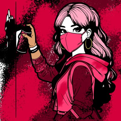 realistic girl with mask spray painting a wall