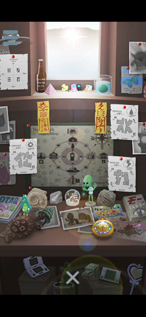 escape game: Maze MIST - A collection of mysterious clues, sketches, and trinkets on a shelf in escape game Maze MIST.