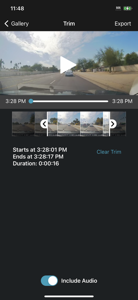 Garmin Drive app video trimming interface showing a dash cam recording from a car