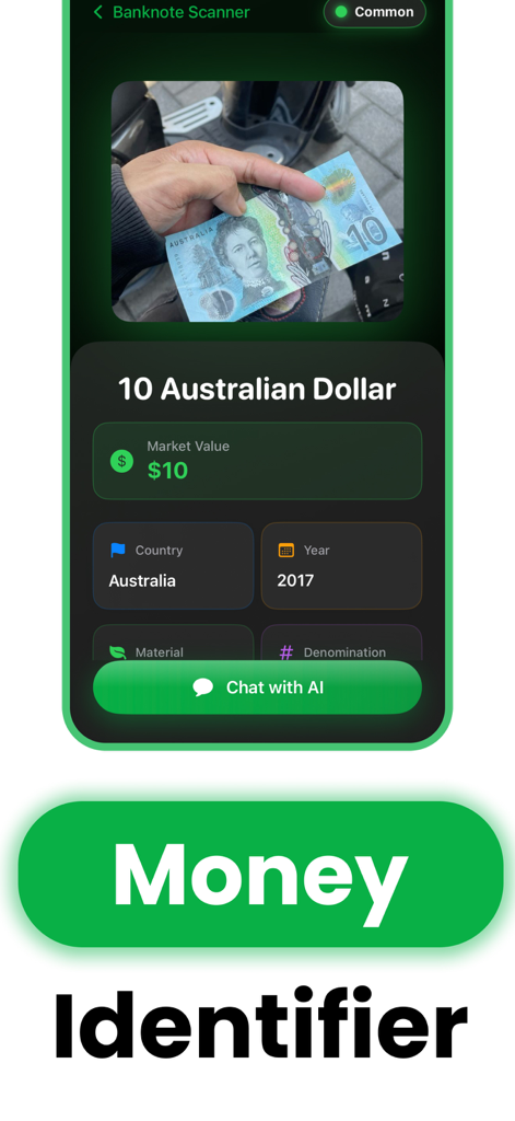 オーストラリアの10ドル紙幣の識別結果と市場価値を示す紙幣識別アプリの画面