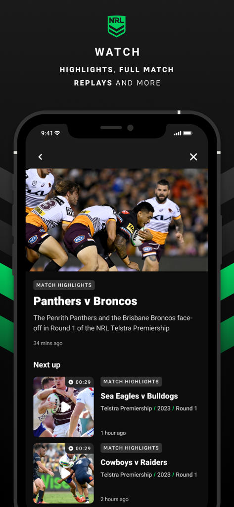 NRL Official App - NRL Official App interface displaying rugby match highlights and video replays