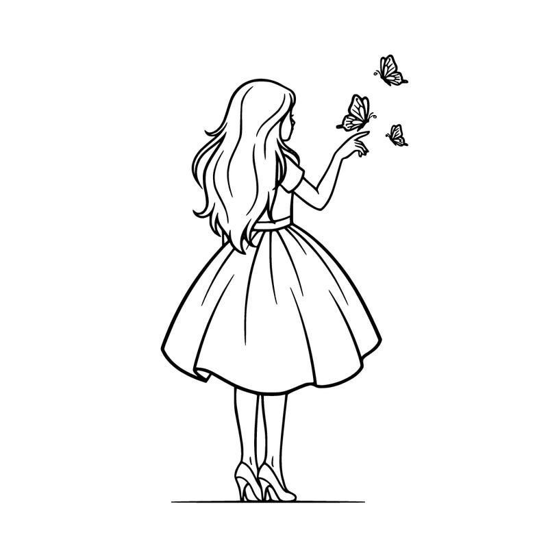 a girl with beautiful flowy hair with a dress knee length wearing high heels and a butterflies landing on her fingertip