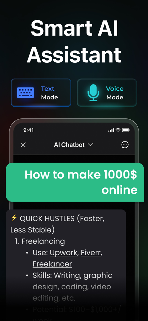 AI Chat: AI Assistant - AI Chat Assistant screen with text and voice modes offering side hustle and freelancing advice