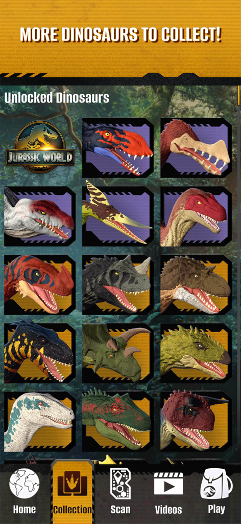 A digital grid displaying various unlocked dinosaur species in the Jurassic World Play app collection screen.