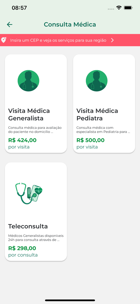 Home Doctor - Interface of the Home Doctor app showing options for general medical visits, pediatric visits, and teleconsultations with prices.