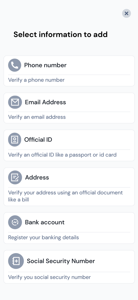 TrustMe: Your Digital Identity - TrustMe app screen showing options to add phone number email official ID address bank account and social security number