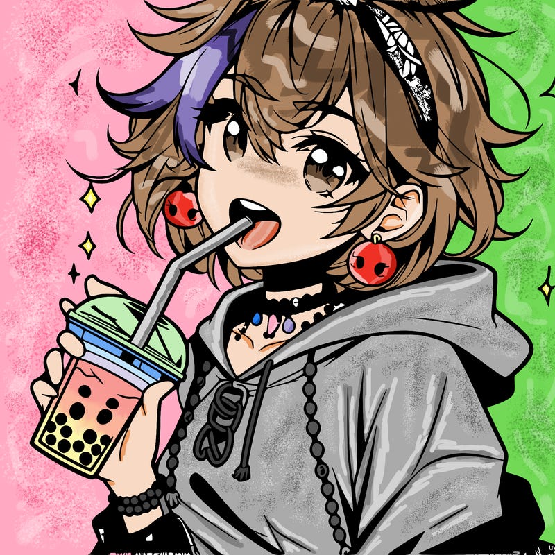 hot baddie anime girl drinking boba and biting the straw