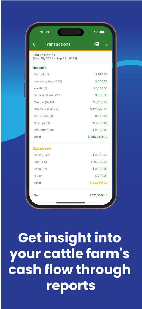 Ein mobiler App-Bildschirm, der die Einnahmen und Ausgaben des Rinderhofs zur Finanzverfolgung anzeigt