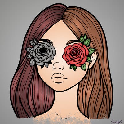 a realistic girl with roses for eyes