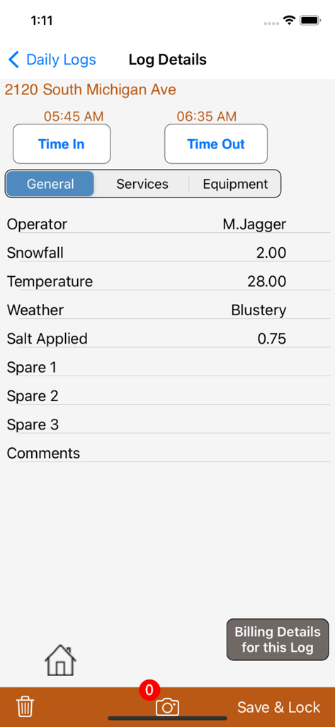 mpengo Snow - Daily log details screen in the mpengo Snow app showing service times, snowfall amount, and weather conditions.