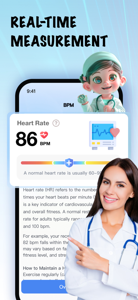 Blood Pressure: Health monitor - Real-time heart rate measurement interface in the Blood Pressure Health monitor app showing 86 BPM and health tips.