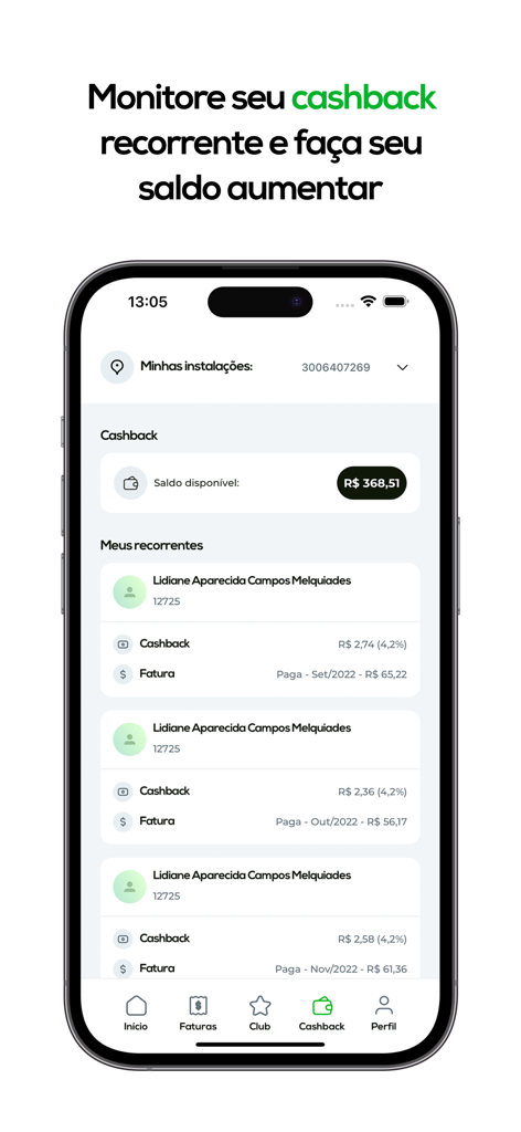 iGreen Club - iGreen Club mobile app displaying cashback balance and recurring transaction history