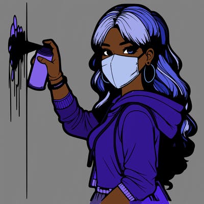 realistic girl with mask spray painting a wall