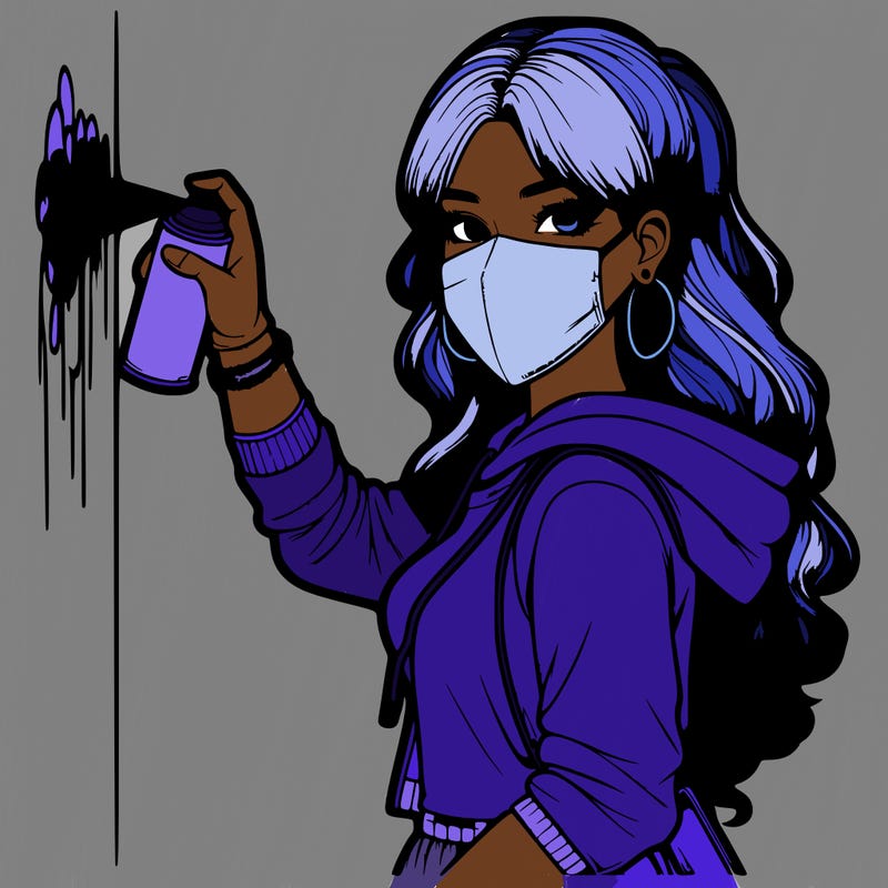 realistic girl with mask spray painting a wall