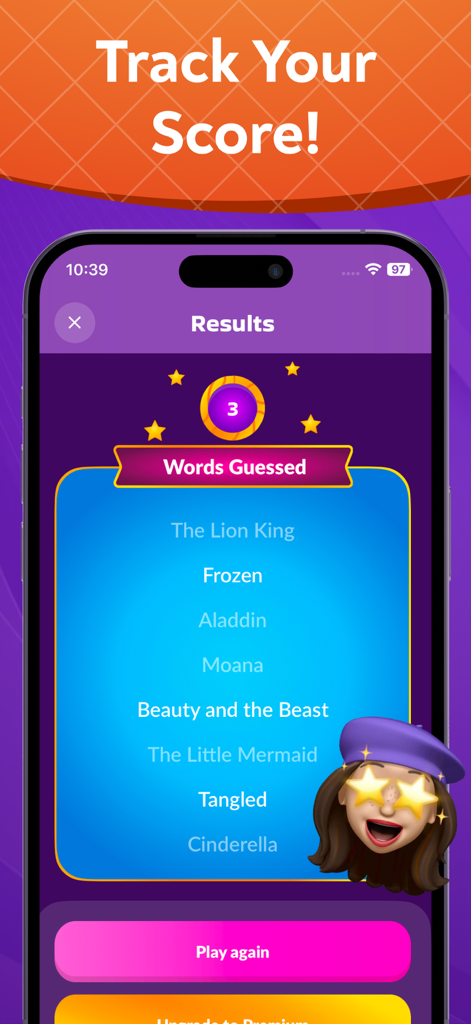 Charades & Headbands - GuessUp - Results screen in GuessUp charades app showing a list of guessed Disney movies and score tracking.