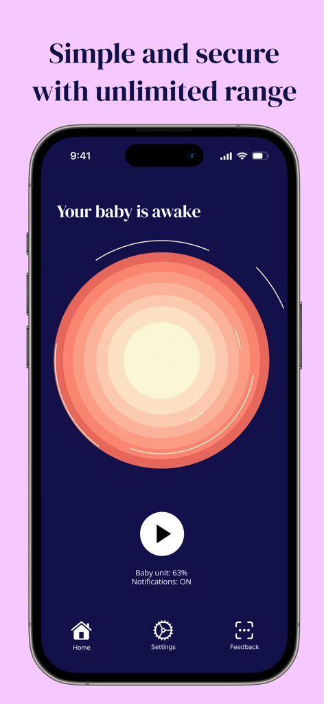 Écran d'iPhone affichant une notification "Votre bébé est réveillé" avec un grand cercle orange pulsant dans l'application Twinbees.