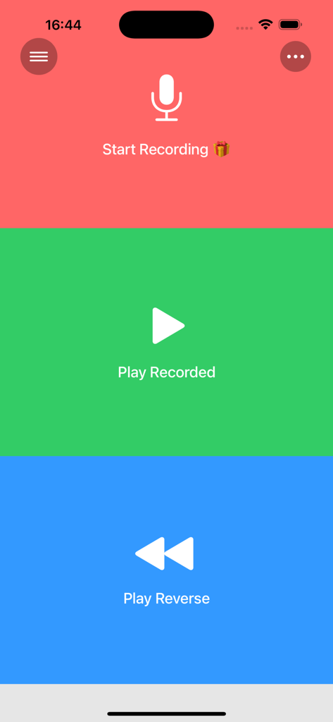 Reverse Audio Singing Trend - Schermata principale dell'app Reverse Audio Singing Trend con tre grandi pulsanti per avviare la registrazione, riprodurre l'audio registrato e riprodurre l'audio al contrario.
