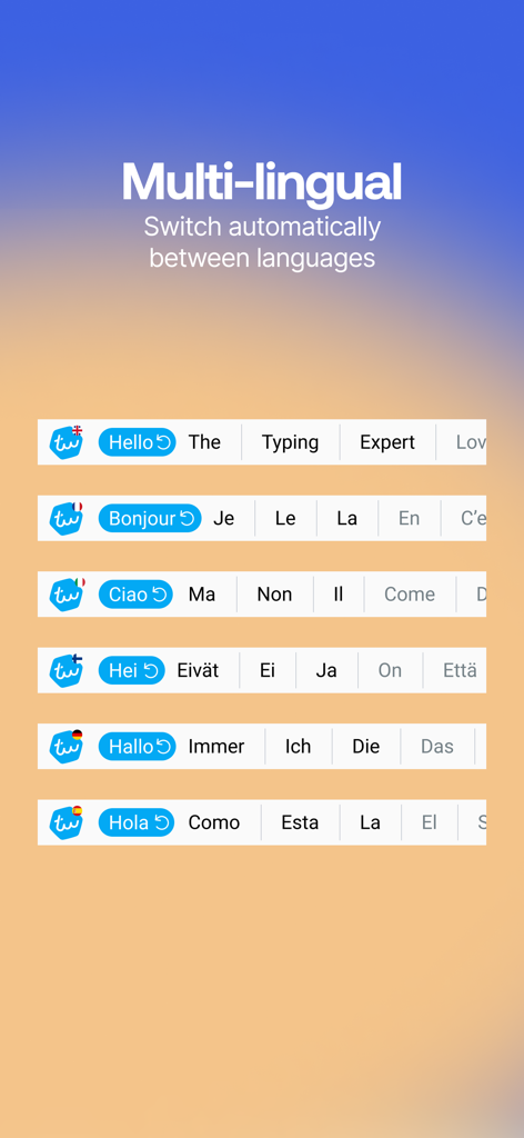 Typewise Custom Keyboard - Typewise keyboard interface showing automatic language switching and word predictions in multiple languages