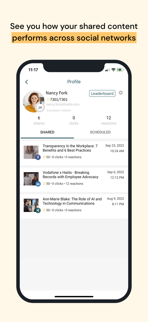 Haiilo Amplify - Haiilo Amplify profile screen showing social media sharing statistics and engagement metrics for a corporate brand ambassador