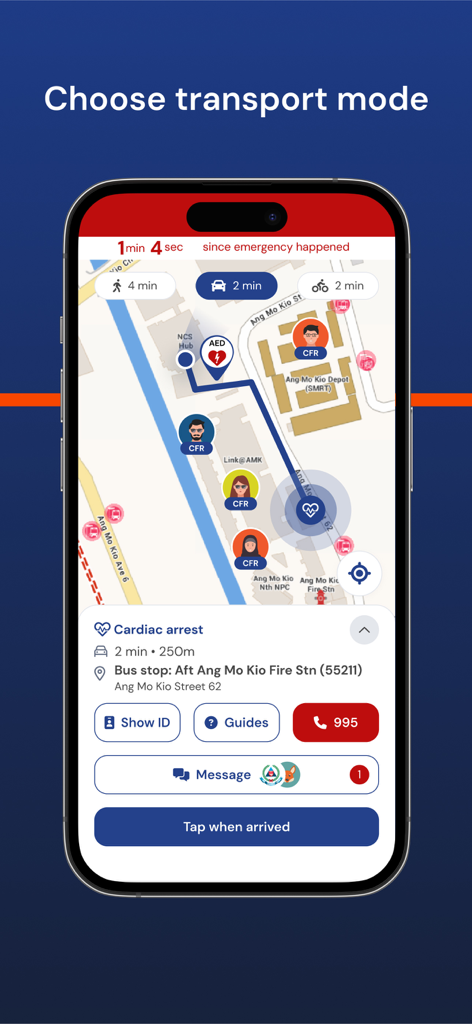 myResponder - Map interface in myResponder app displaying transport modes and location for a cardiac arrest incident