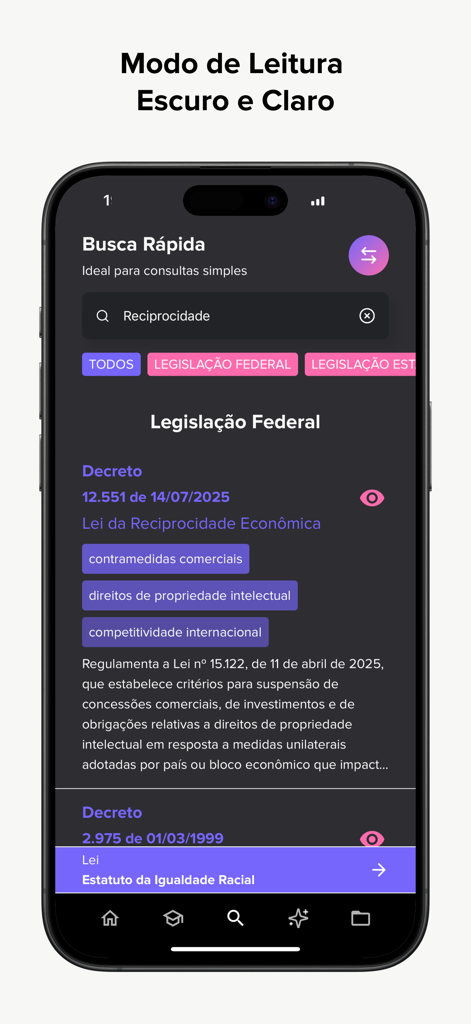 Vade Mecum 2026: JurisHand AI - Quick search screen of the JurisHand AI Vade Mecum app featuring a dark mode interface for Brazilian legal research