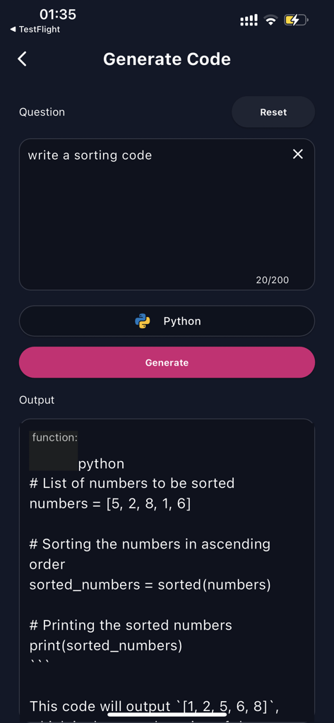 Code AI: Learn Programming - Interfaz de la aplicación Code AI generando código de ordenación de Python a partir de una indicación de texto.