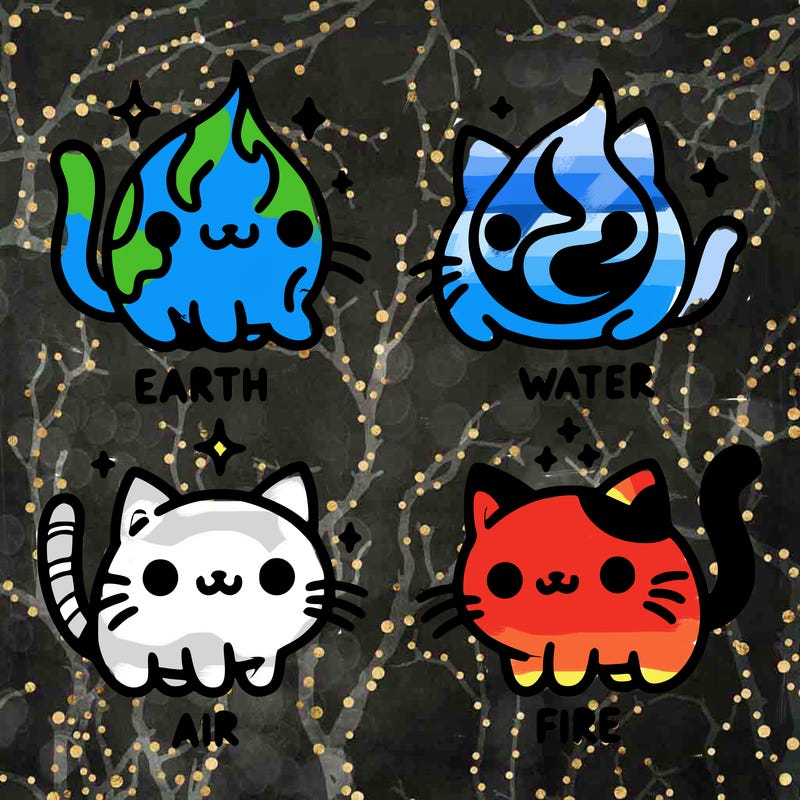 4 cats that represent the different elements, earth, water, air, and fire