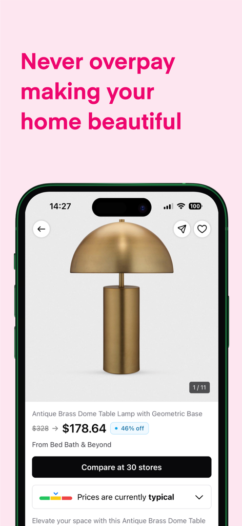 Spoken.io: Save and Explore - Interfaz de la app Spoken.io mostrando una comparación de precios y un descuento del 46 por ciento para una lámpara de mesa de latón antiguo.
