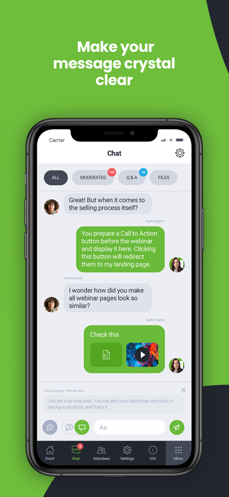 ClickMeeting Webinars Meetings - ClickMeeting mobile app screenshot showing the interactive chat interface with moderation and Q and A tabs