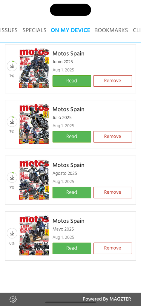 Motos Revista - Screen showing downloaded issues of Motos Spain magazine in the app