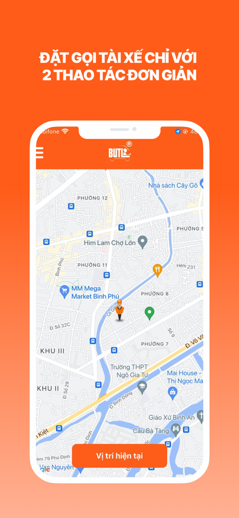 BUTL - Tài Xế - Mobile app interface of BUTL - Tài Xế showing a navigation map with a driver icon and a current location button on an orange background.
