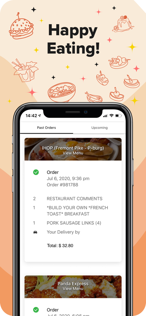 We Deliver! - Screenshot der We Deliver App, der eine Historie früherer Essensbestellungen zeigt, einschließlich einer Frühstücksbestellung von IHOP.