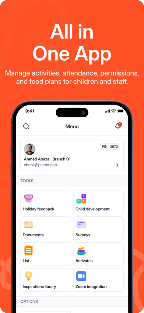 Parent Child Care App dashboard on a smartphone displaying tools for child development, documents, and management options