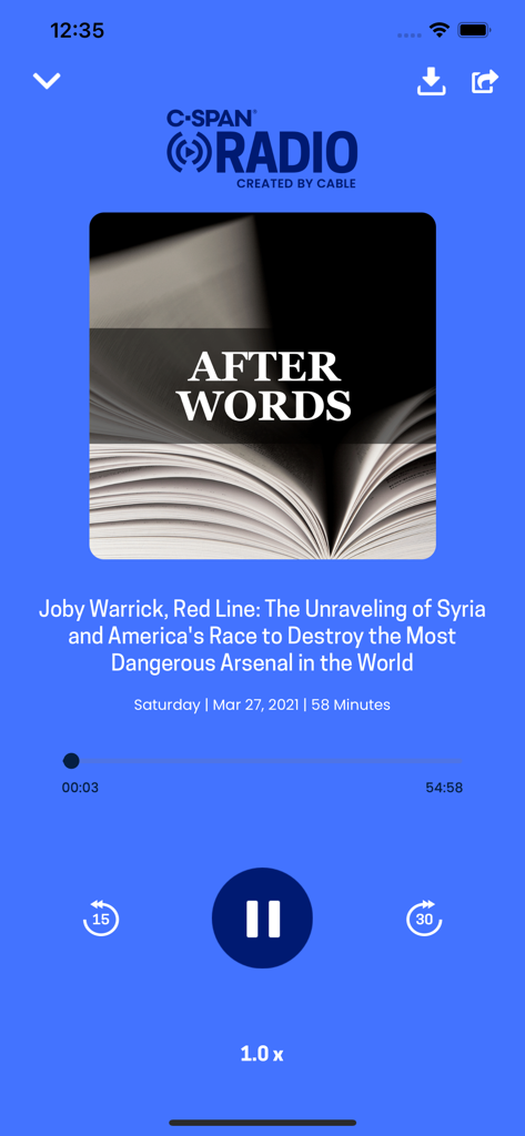 C-SPAN Radio mobile App-Oberfläche, die eine Episode des Podcasts After Words wiedergibt.