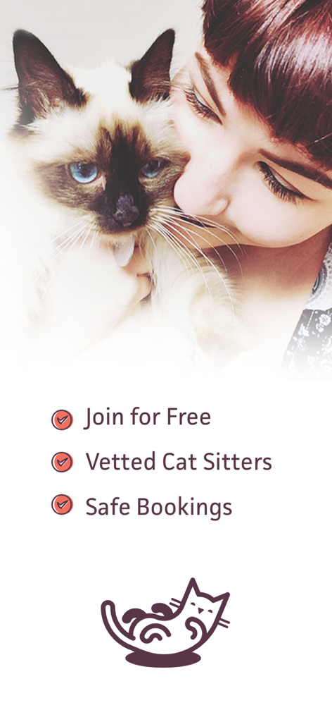 Cat in a Flat: Pet Cat Sitting - Promotional screen for the Cat in a Flat app showing a woman cuddling a cat and key features including vetted sitters and safe bookings