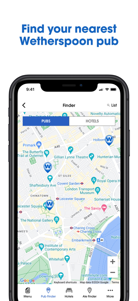 Wetherspoon - Wetherspoon app interface showing the pub finder map with locations in London