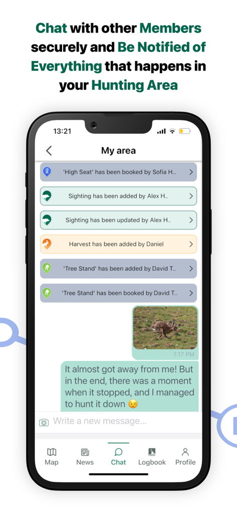 Group chat and area activity notifications in the MyHunt hunting app.
