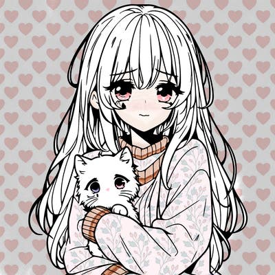 sad anime girl with cat